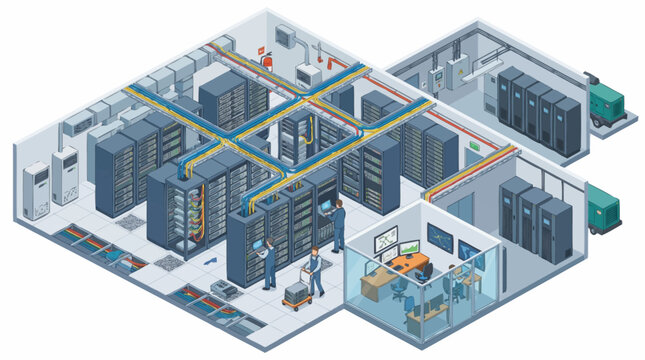 Modern Data Center Server Room with Racks and Cooling Systems.