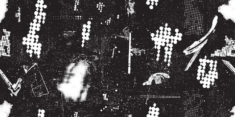 Fototapeta premium Glitch distorted grungy abstract forms . Halftone dots seamless pattern . Grange shapes .Grunge distress . Vector shapes with half tone dots .Screen print endless pattern 