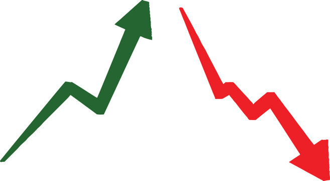 Green rising arrow and red falling arrow representing financial growth and market decline Vector