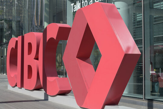large CIBC and Corporate logo sign outside CIBC Square, a business center, located at 81 Bay St, Toronto