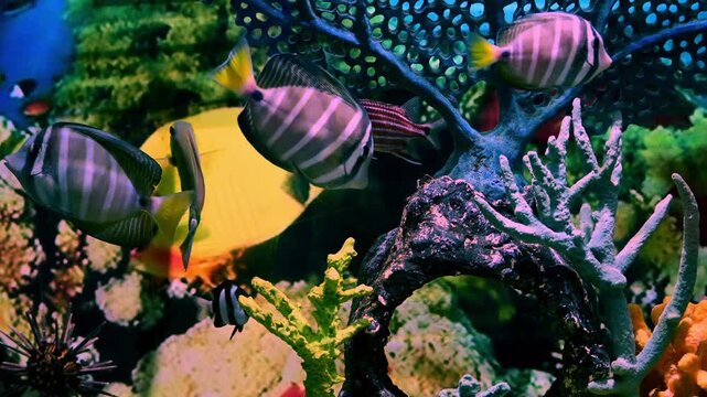 Blue surgeonfish with black stripes swimming near a yellow butterflyfish on a reef