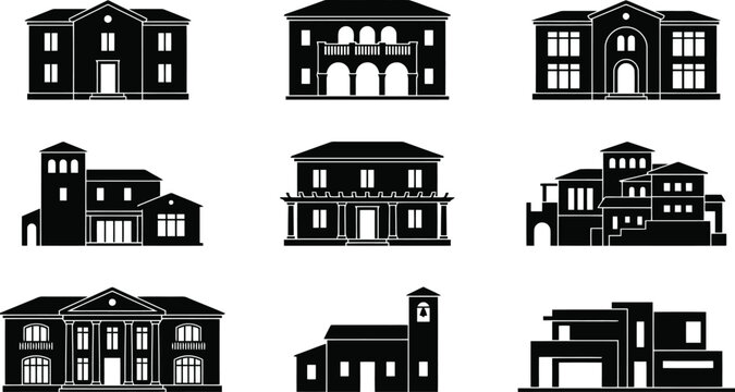 Luxury Residential Mansion House Silhouette Vector Icon Set for Real Estate Marketing, Architectural Design & Property Development (EPS)