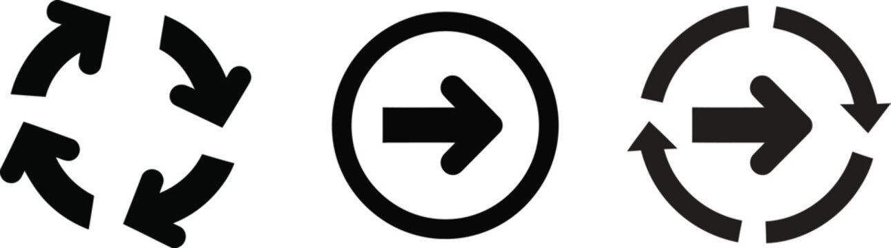 Set of black arrow icons showing cycle reload and forward direction symbols Vector