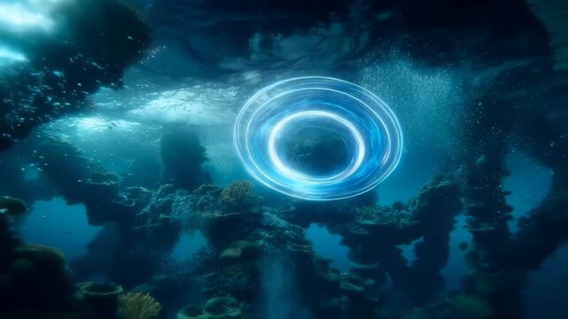 Underwater scene with vibrant marine life and glowing vortex featuring ocean, deep sea, aquatic with water and bubbles elements for coral, fish
