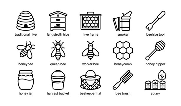 Beekeeping icons showing hives, bees and tools on white grid