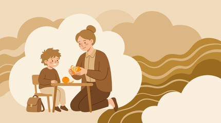 Fototapeta premium Cartoon Illustration of Mother Peeling Orange for Child or Stylized Education Scene with Orange Snack Illustration