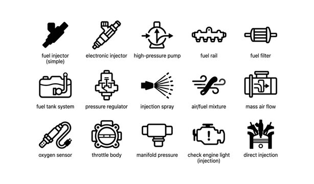 Fuel system and injection icons arranged on white background