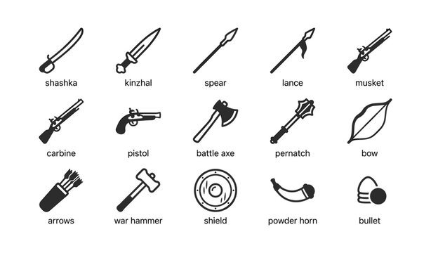 Assorted historical weapons and tools displayed in grid