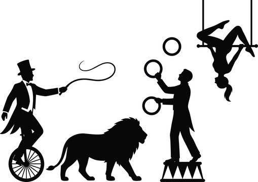 Black silhouette circus scene featuring unicycle rider with whip, lion, juggler with rings, and trapeze acrobat performing classic acts