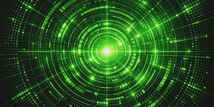 Futuristic digital tunnel with glowing green binary code and light rays in abstract cyber space background