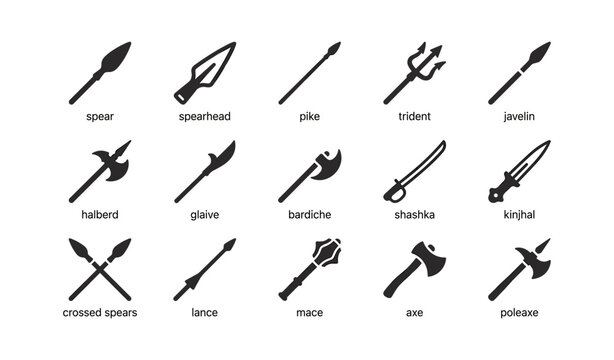 Various medieval polearms and blades arranged on white background