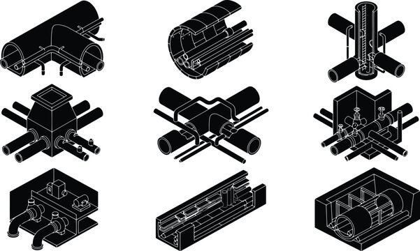 Industrial Pipe Connection and Infrastructure Component Isometric Vector Set for Engineering Blueprints, Construction Planning & Technical Documentation (EPS)