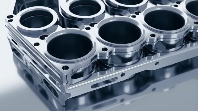 Pistons engine block macro closeup with metallic bores and piston chambers in a hyper-realistic industrial texture