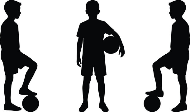 Collection of boy silhouettes playing football standing with soccer ball from different angles isolated on white background