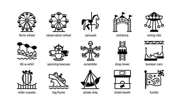 Amusement park ride icons arranged in a grid layout