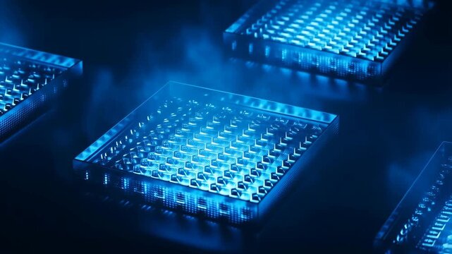 AI chip cores glowing in blue data center server rack, hyper-realistic macro technology background with neural network energy