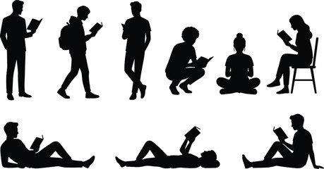 Collection of people silhouettes reading books in various poses including standing walking sitting and lying down © MDMizanur