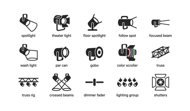 Stage lighting and equipment icons arranged in labeled grid on white