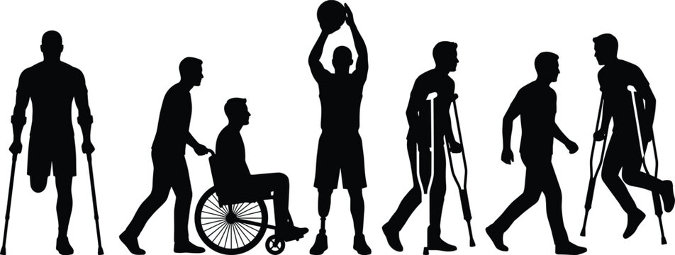 Collection of silhouettes showing disabled people amputees using crutches wheelchair and prosthetic leg active in sports and life