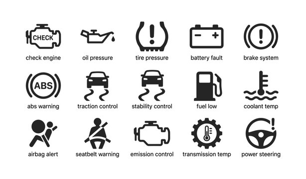 Vehicle dashboard warning icons showing common fault indicators