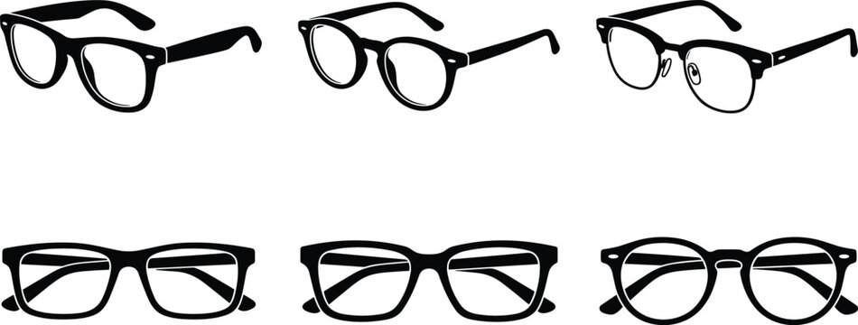 Collection of stylish eyeglasses silhouettes featuring different frame shapes and angles isolated on a white background
