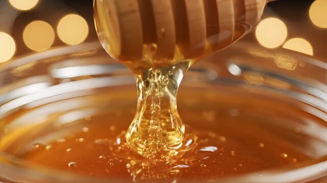 Close up of golden honey dripping from a wooden dipper into a glass bowl.