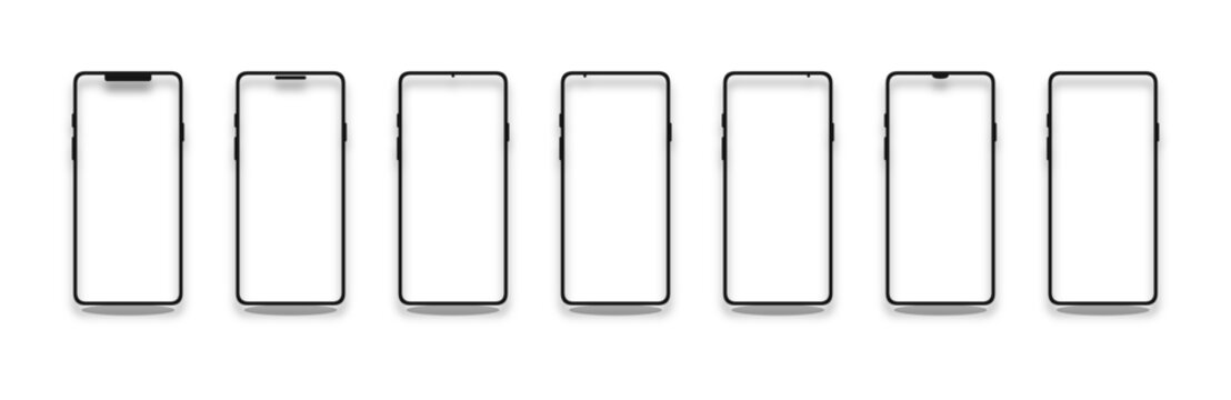 Set of smartphone mockups isolated on transparent background. Realistic mobile phones with transparent screens. Design elements for vector phones, PNG