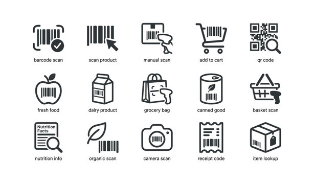 Product scan and barcode icons arranged in grid on white background