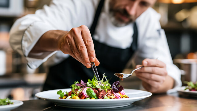 Chef plating gourmet dish for fine dining restaurant marketing