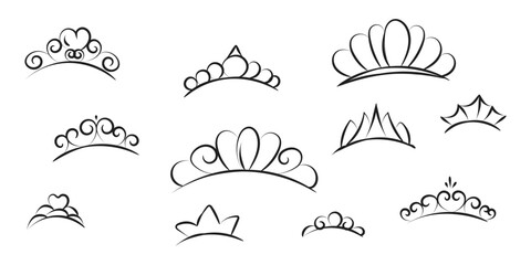 Elegant Tiara Crown Doodle Collection, Hand Drawn Princess Crown Sketch Set, Minimal Decorative Line Art Royal Headpiece Icons © shammi