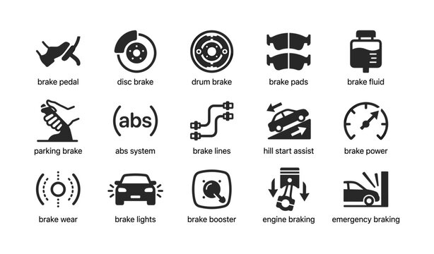 Brake system icons and warning symbols arranged in grid on white