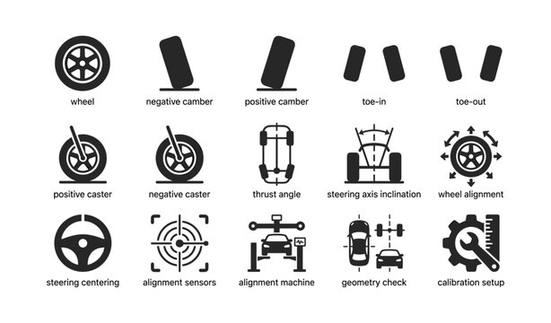 Vehicle wheel alignment icons arranged in grid on white background