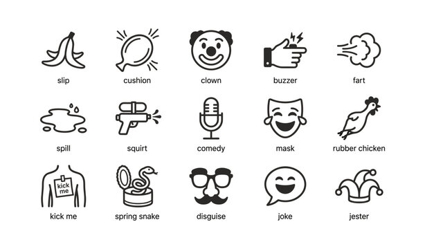 Comedy and prank icons arranged in grid on white background