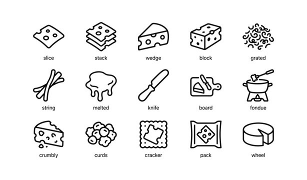 Cheese icons arranged in labeled grid on white background