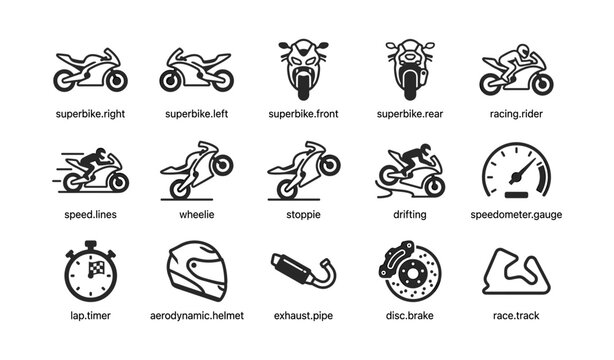 Motorcycle and racing icons showing superbikes and gear