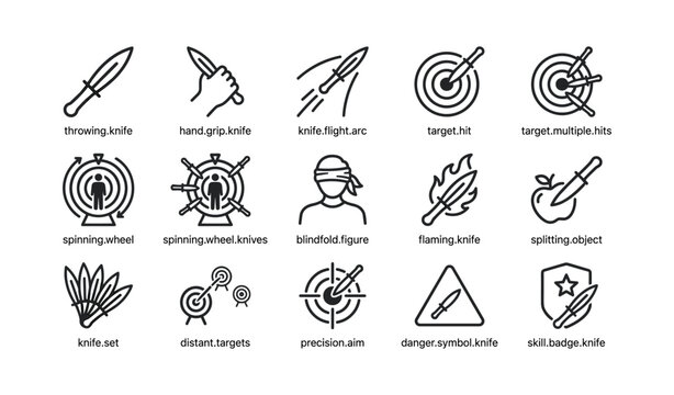 Knife throwing and target icons arranged in grid on white