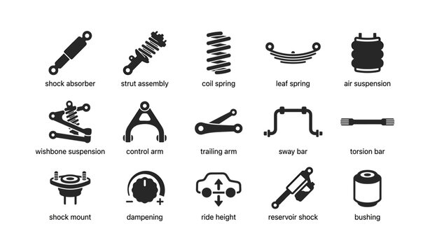 Vehicle suspension components and icons arranged on white background