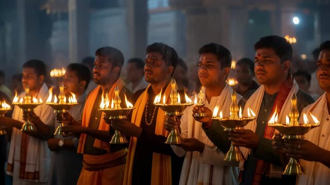 Indian man performing aarti during Ganesh Chaturthi festival. Devotees holding brass oil lamps at night temple ceremony. Hindu ritual spirituality prayer concept.