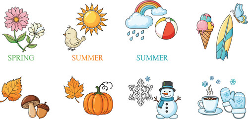 Fototapeta premium Four Seasons Vector Icon Set Featuring Hand Drawn Symbols for Spring Flowers Summer Sun Beach Ball Autumn Leaves Pumpkin and Winter Snowman Illustration