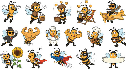 Obraz premium Funny Cartoon Bee Mascot Character Set Featuring Cute Bumblebee Flying Airplane Wearing Superhero Cape Juggling Honeycombs and Cooking Chef Vector Illustration