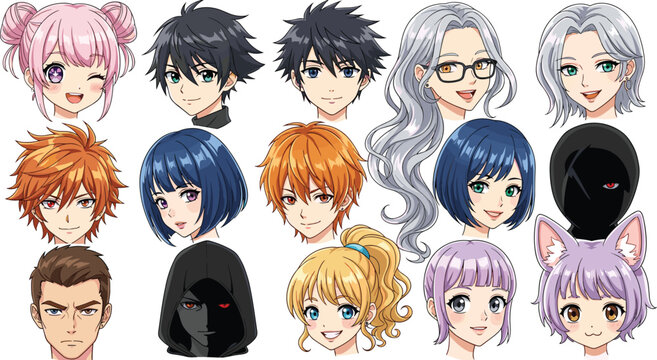 Anime Manga Character Avatar Icon Set Featuring Diverse Male and Female Heads with Colorful Hairstyles Hooded Figures and Neko Cat Ear Girl Vector Illustration