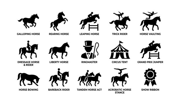Horse silhouettes showing equestrian and circus acts on white