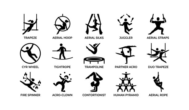 Circus discipline icons depicting aerial and acrobatic acts