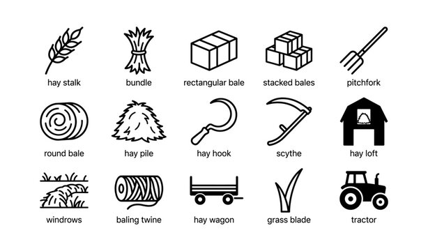 Hay and baling icons arranged in a grid on white background