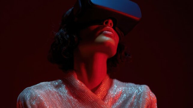 Woman wearing a virtual reality (vr) headset. the headset is blue and white in color and covers her eyes and nose.