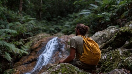 Naklejka premium Man sitting on a large rock in a forest. he is wearing a yellow backpack and has his back to the camera, looking out at a small waterfall cascading down the rocks.