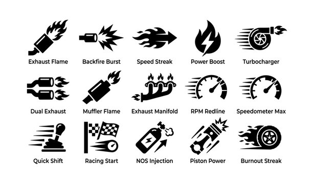 Automotive performance icons depicting speed and exhaust effects