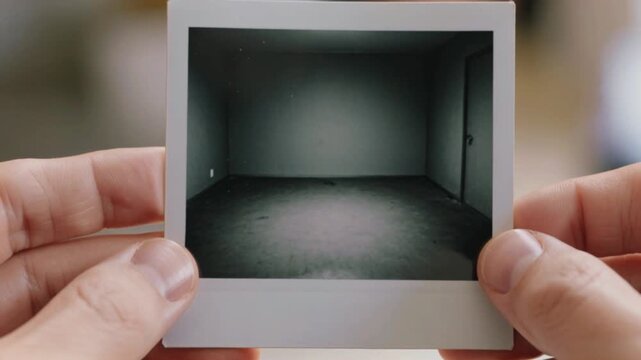 Primer plano de una foto estilo polaroid mostrando un interior abandonado con espacio liminal
