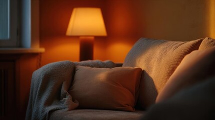 Fototapeta premium Cozy living room scene with a couch and a lamp. the couch is covered with a gray blanket and there are two orange throw pillows on it. the lamp is turned on, casting a warm glow on the wall behind it.
