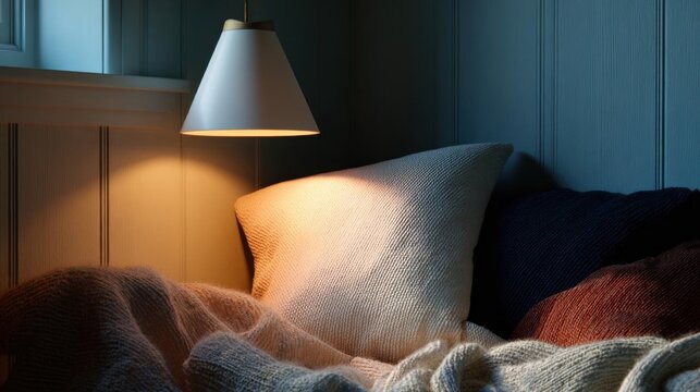 Cozy bedroom scene with a white lamp hanging above a bed. the bed is covered with a beige blanket and there are several pillows and blankets scattered around it.